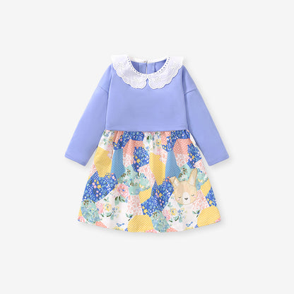 Spring Baby Grils Kids Long Sleeve Cartoon Patchwork Design Dress