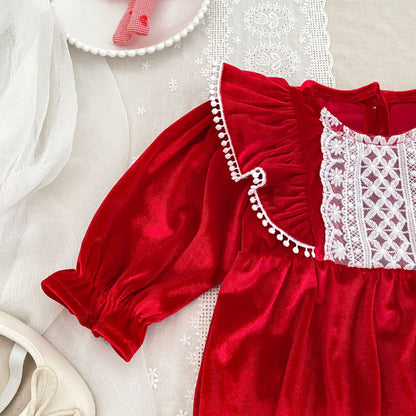 MyKids-USA® Baby Girls Lace Trim Long-sleeved Red Onesies or Dress – Princess Sister Matching