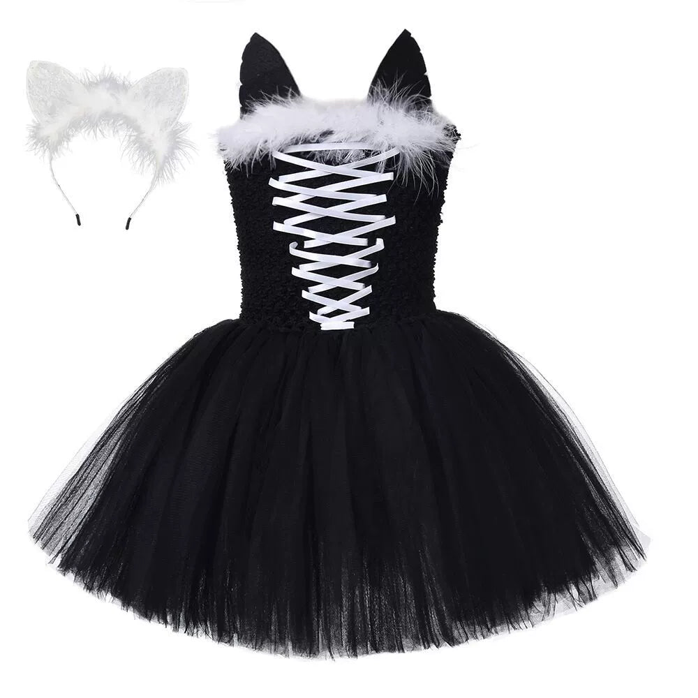 Black Cat Girl Tulle Puff Dress – Halloween Design Party Performance Costume Set, MyKids-USA®, Costume Dresses, MyKids-USA - Size/Age - S (1-2Y) - Color - Black -  -  - TR2508202207-A.