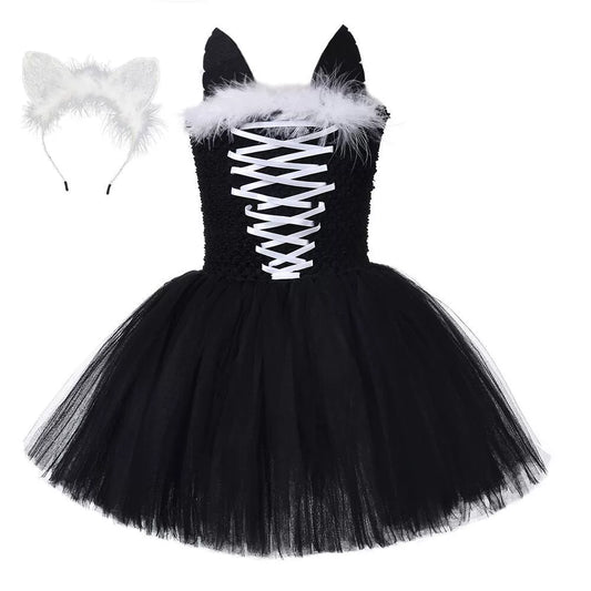 Black Cat Girl Tulle Puff Dress – Halloween Design Party Performance Costume Set, MyKids-USA®, Costume Dresses, MyKids-USA - Size/Age - S (1-2Y) - Color - Black -  -  - TR2508202207-A.