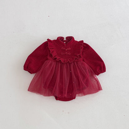 Winter Arrival Baby Girls Long Sleeves Red Solid Color Tulle Patchwork Onesies