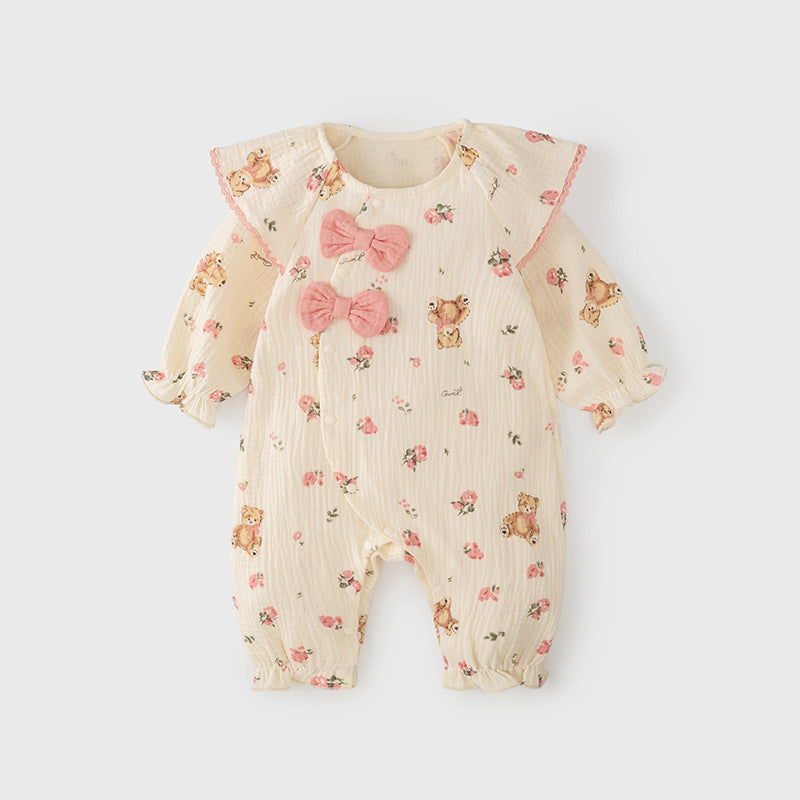 Autumn Arrival Baby Girls Flowers and Teddy Pattern Butterfly Bows Attached Romper, MyKids-USA®, Baby One-Pieces, MyKids-USA -  -  -  -  -  -  - 