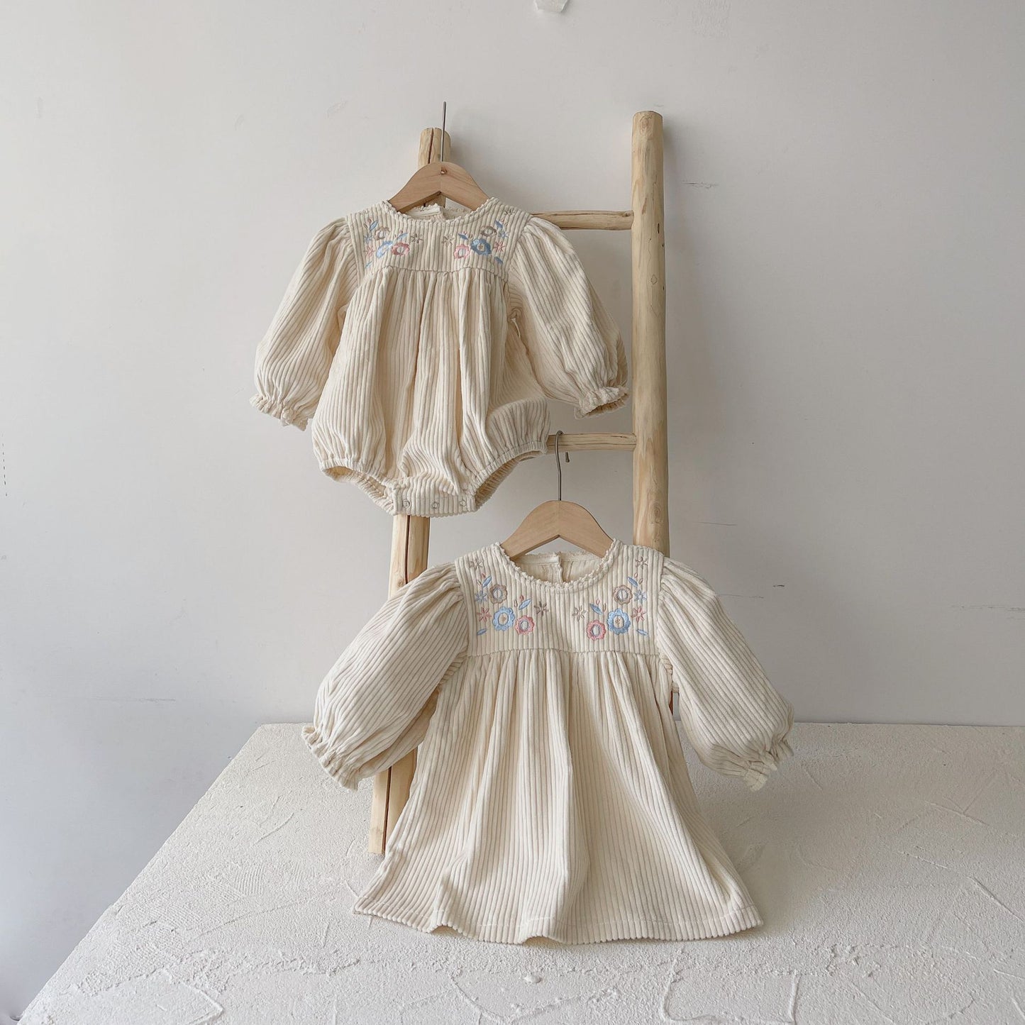 MyKids-USA® Adorable Baby Lace Trim Neck Bodysuit and Flowers Embroidered Girls’ Dress – Princess Sister Matching Set