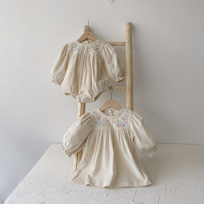 MyKids-USA® Adorable Baby Lace Trim Neck Bodysuit and Flowers Embroidered Girls’ Dress – Princess Sister Matching Set