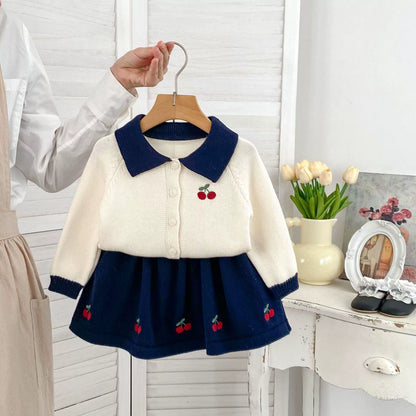 Spring and Autumn Kids Girls Cherry Embroidered Pattern Long Sleeves Knitted Cardigan and Skirt Clothing Set, MyKids-USA®, Baby & Toddler Outfits, MyKids-USA -  -  -  -  -  -  - 