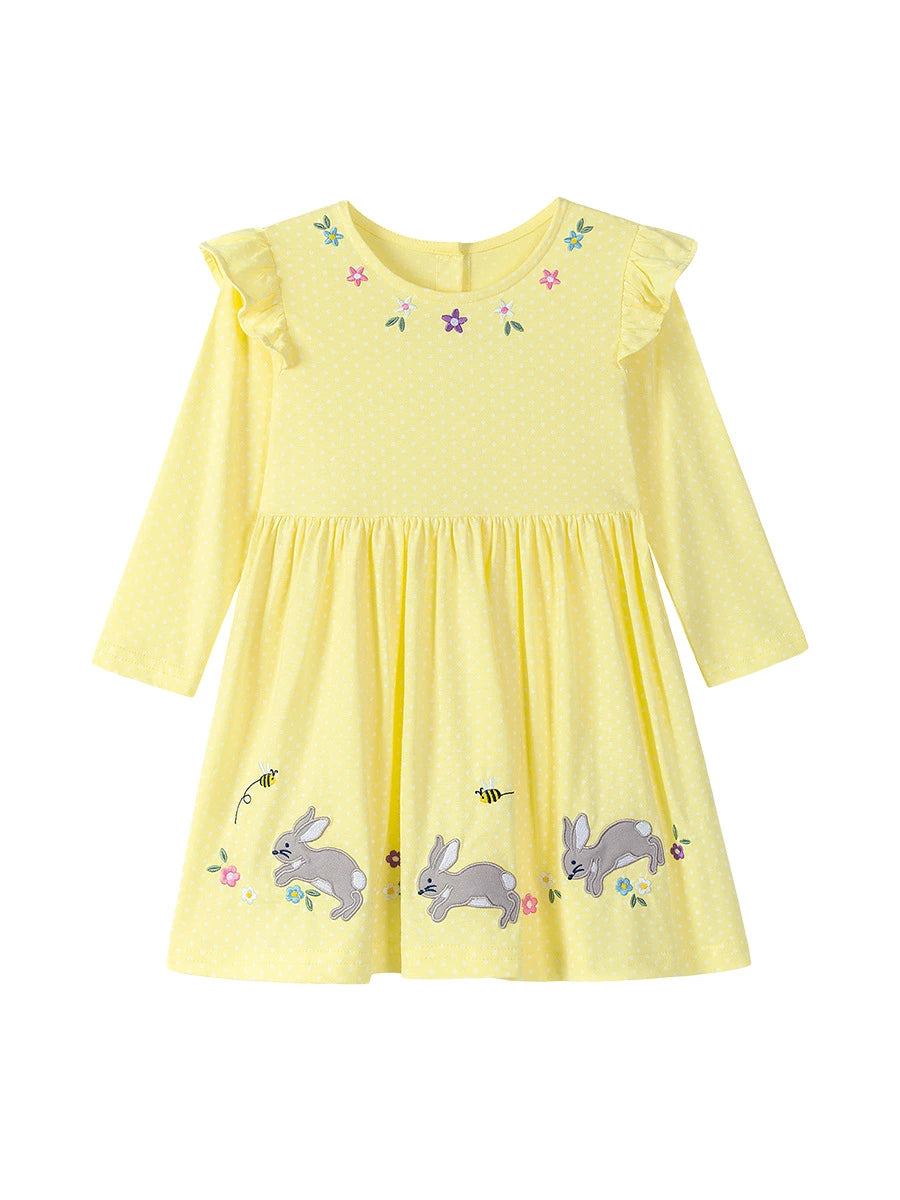 Autumn Arrival Cartoon Rabbits and Flowers Pattern Long Sleeves Crew Neck Dress for Stylish Girls, MyKids-USA®, Baby & Toddler Dresses, MyKids-USA -  -  -  -  -  -  - 