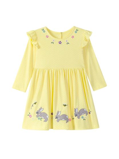 Autumn Arrival Cartoon Rabbits and Flowers Pattern Long Sleeves Crew Neck Dress for Stylish Girls, MyKids-USA®, Baby & Toddler Dresses, MyKids-USA -  -  -  -  -  -  - 