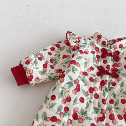 Winter Arrival Baby Girls Long Sleeves Cherry Pattern Fleece-Lined Rompers