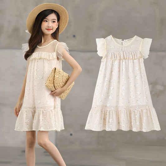 Summer Hot Selling Kids Girls Mesh Patchwork Short Sleeves Floral Print Dress