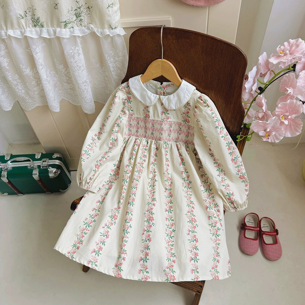 Arrival Autumn Girls Floral and Striped Pattern Long Sleeves Dress, MyKids-USA®, Baby & Toddler Dresses, MyKids-USA - Size/Age - 90 (12-24M) - Color - Beige -  -  - TR2507302309-A