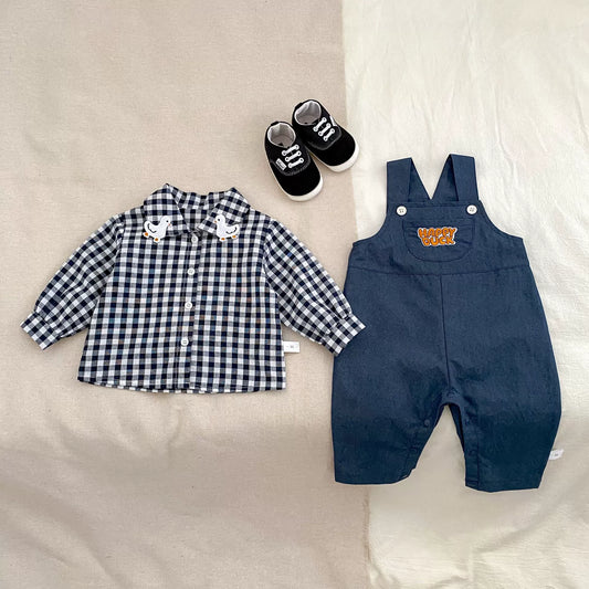 Spring and Autumn Baby Kids Boys Letters Pattern Sleeveless Blue Overalls and Plaid Long Sleeves Shirt Clothing Set, MyKids-USA®, Baby & Toddler Outfits, MyKids-USA -  -  -  -  -  -  - 