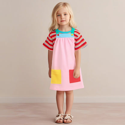Arrival Summer Baby Girls Short Sleeves Simple Striped Top and Color Patchwork Sleeveless Dress, MyKids-USA®, Baby & Toddler Dresses, MyKids-USA - Size/Age - 90 (12-24M) - Color - Pink -  -  - TR2412251131-A