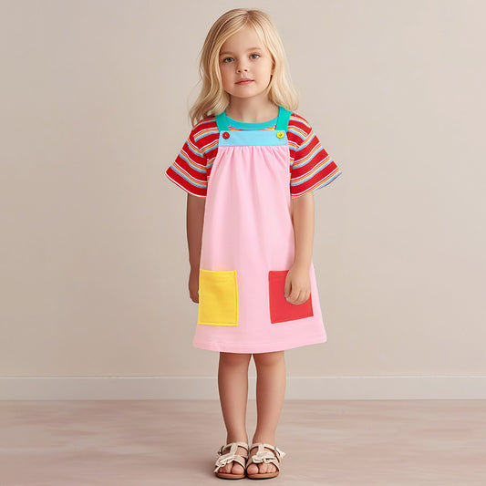 Arrival Summer Baby Girls Short Sleeves Simple Striped Top and Color Patchwork Sleeveless Dress, MyKids-USA®, Baby & Toddler Dresses, MyKids-USA - Size/Age - 90 (12-24M) - Color - Pink -  -  - TR2412251131-A