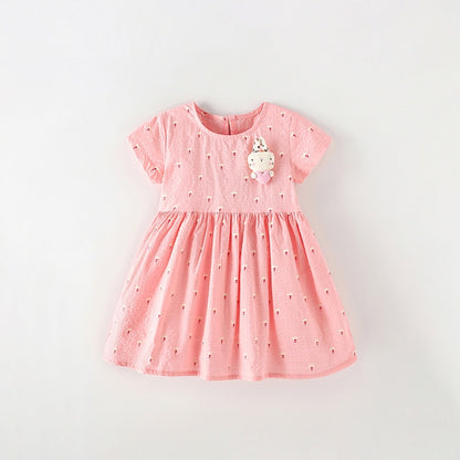 Summer Baby Kids Girls Short Sleeves Cute Flowers and Cartoon Pattern Dress