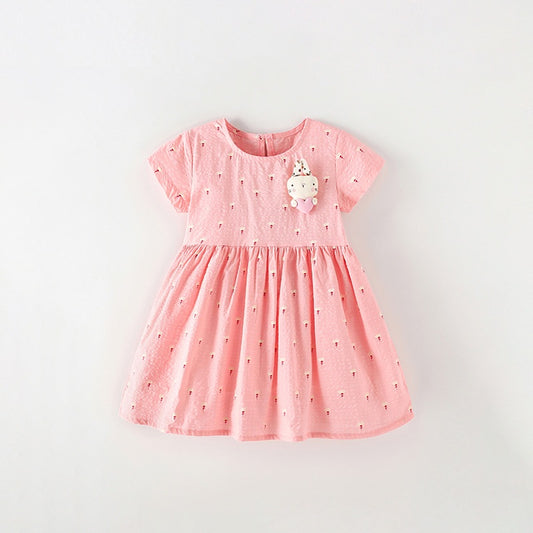 Summer Baby Kids Girls Short Sleeves Cute Flowers and Cartoon Pattern Dress