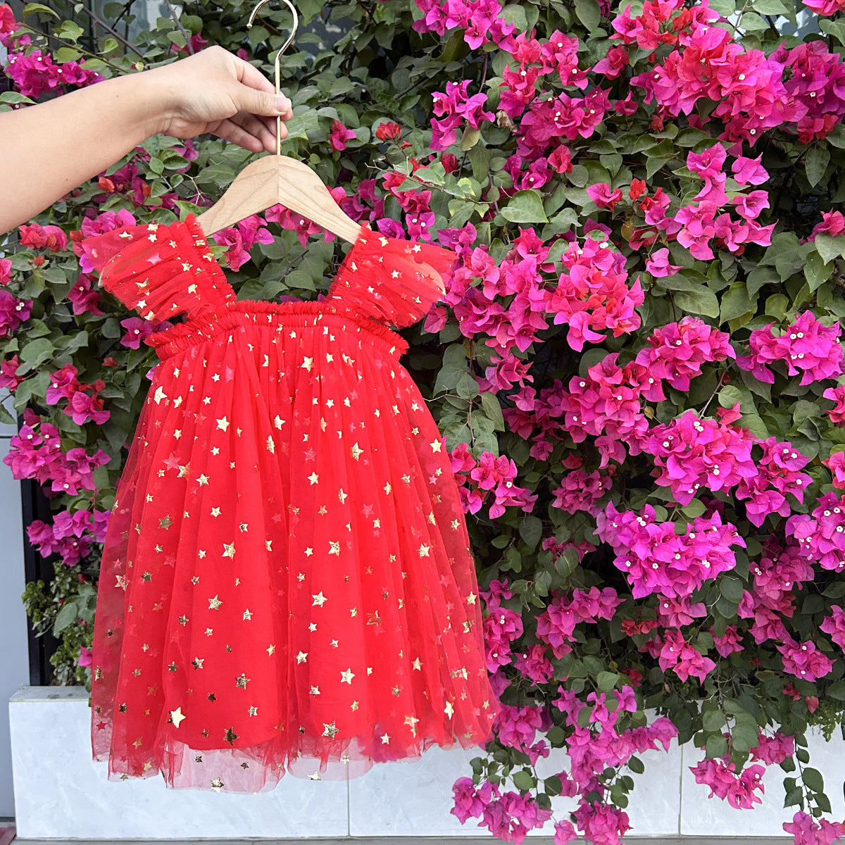 Summer Arrival Baby Girls Fly Sleeves Stars and Christmas Pattern Tulle Dress, MyKids-USA®, Baby & Children's Dresses, MyKids-USA - Size/Age - 80 (9-12M) - Color - Red -  -  - TR2605072341-E.