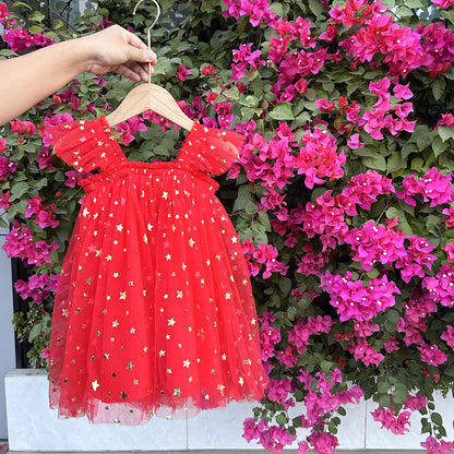 Summer Arrival Baby Girls Fly Sleeves Stars and Christmas Pattern Tulle Dress, MyKids-USA®, Baby & Children's Dresses, MyKids-USA - Size/Age - 80 (9-12M) - Color - Red -  -  - TR2605072341-E.