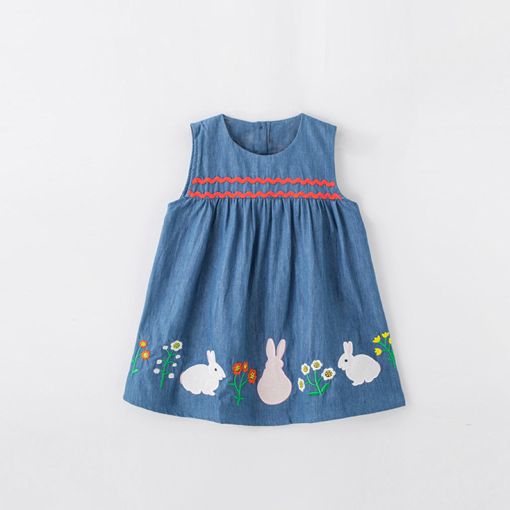 Baby Rabbit Embroidered Pattern Sleeveless Denim Dress