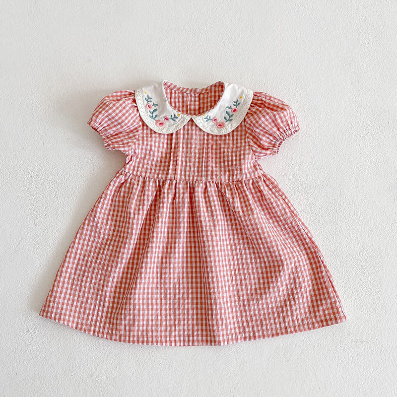 Summer Girls Flowers Embroidery Collar Plaid Onesies And Girls’ Dress – Princess Sister Matching Set
