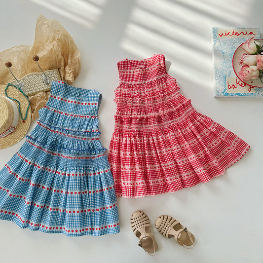 Summer Kids Girls Cute Cherry Print Plaid Sleeveless Dress