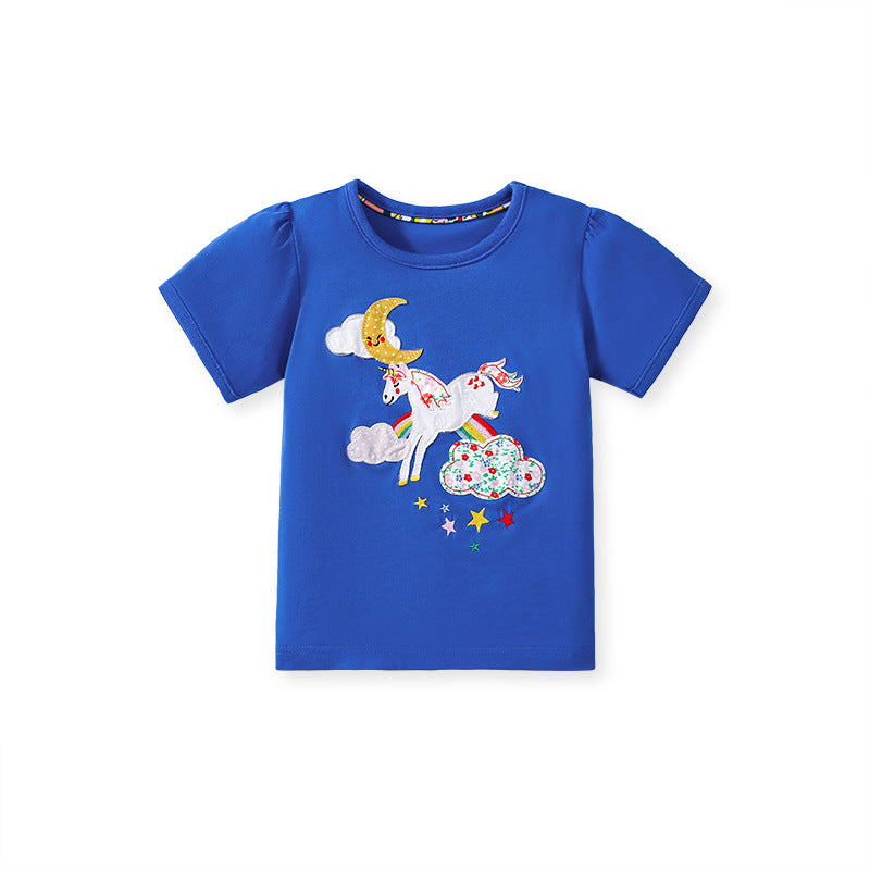 Kids’ Unicorn Cartoon Pattern Short Sleeves T-shirt in European and American Style for Summer, MyKids-USA®, Baby & Toddler Tops, MyKids-USA - Size/Age - 90 (12-24M) - Color - Blue -  -  - TR2412251203-A