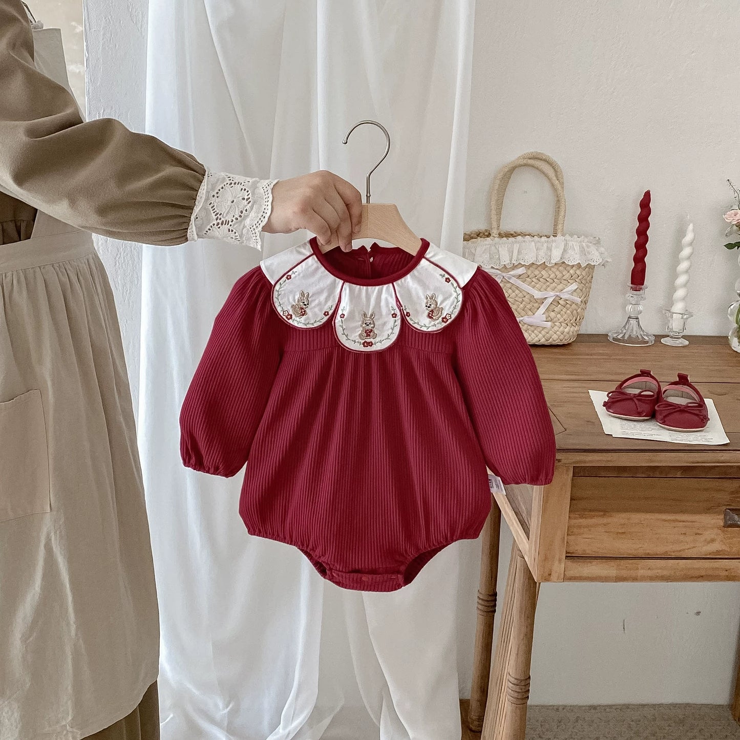 Autumn Hot Selling Baby Girls Red Long Sleeves Onesies Bodysuits with Rabbit and Flowers Embroidered Collar, MyKids-USA®, Baby One-Pieces, MyKids-USA - Size/Age - 66 (3-6M) - Color - Red -  -  - TR2507302225-A