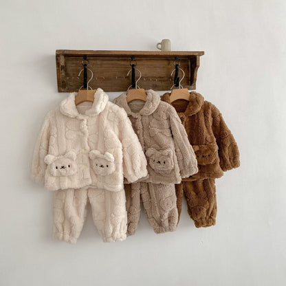 Baby Little Bear Plush Cardigan Combo Long Pants Sets In Winter