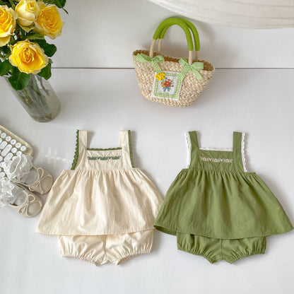 Baby Girl Embroidery Pattern Sling Tops With Shorts Sets