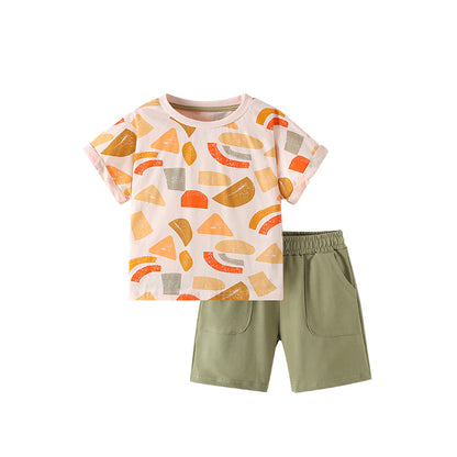 Summer Baby Kids Geometric Pattern T-shirt and Shorts Clothing Set for Boys, MyKids-USA®, Baby & Toddler Outfits, MyKids-USA - Size/Age - 100 (2-3Y) - Color - Orange -  -  - TR2505082119