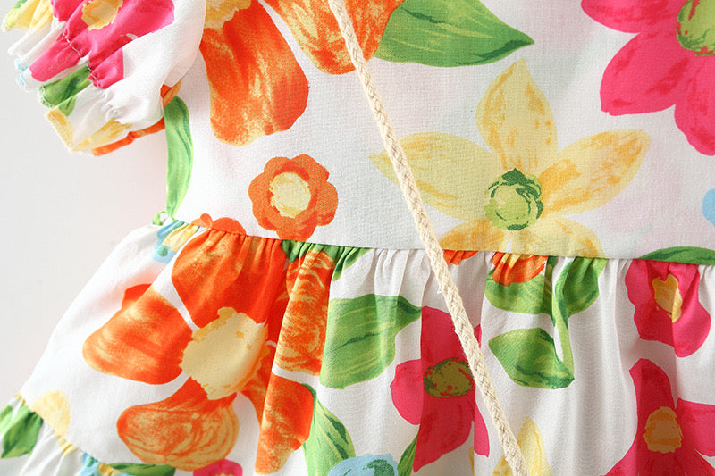 Baby Floral Pattern Short Sleeve Crewneck Dress