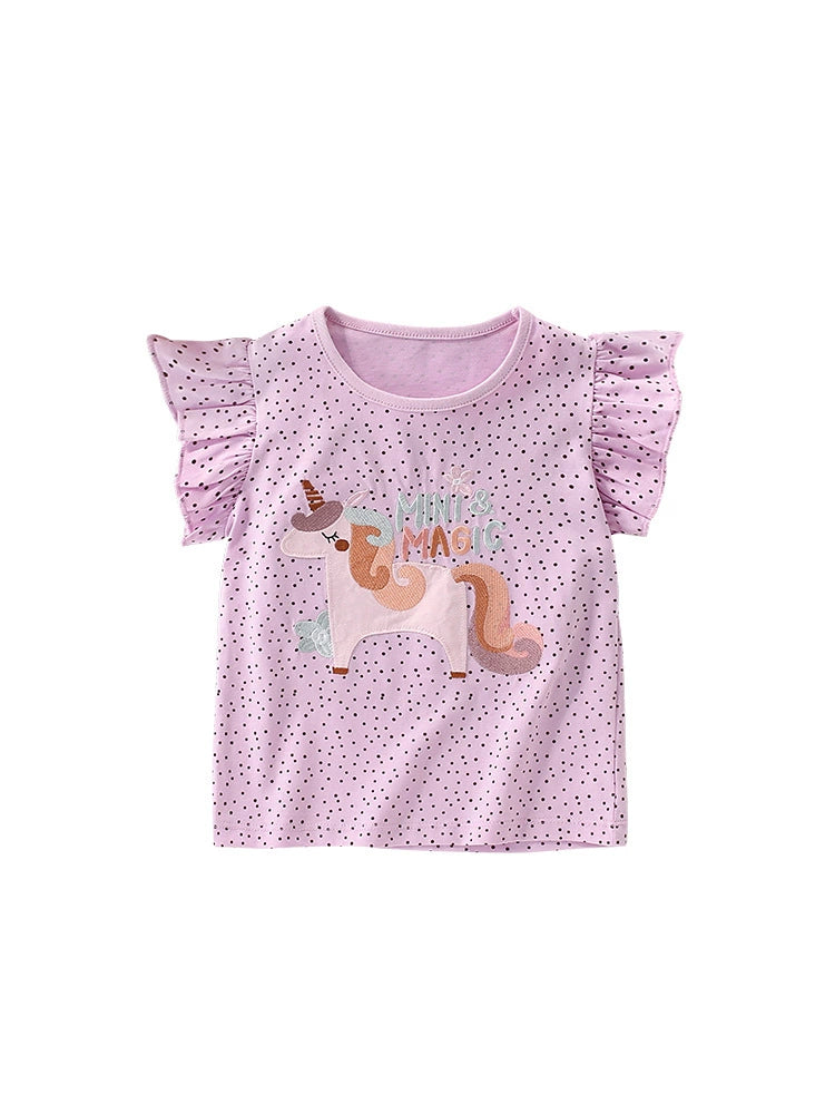 Summer Arrival Girls’ Dots and Cartoon Pattern Fly Sleeves T-shirt in European and American Style, MyKids-USA®, T-Shirts, MyKids-USA -  -  -  -  -  -  - 