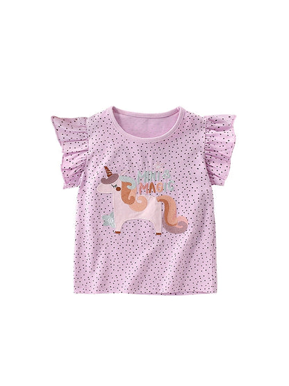 Summer Arrival Girls’ Dots and Cartoon Pattern Fly Sleeves T-shirt in European and American Style, MyKids-USA®, T-Shirts, MyKids-USA -  -  -  -  -  -  - 