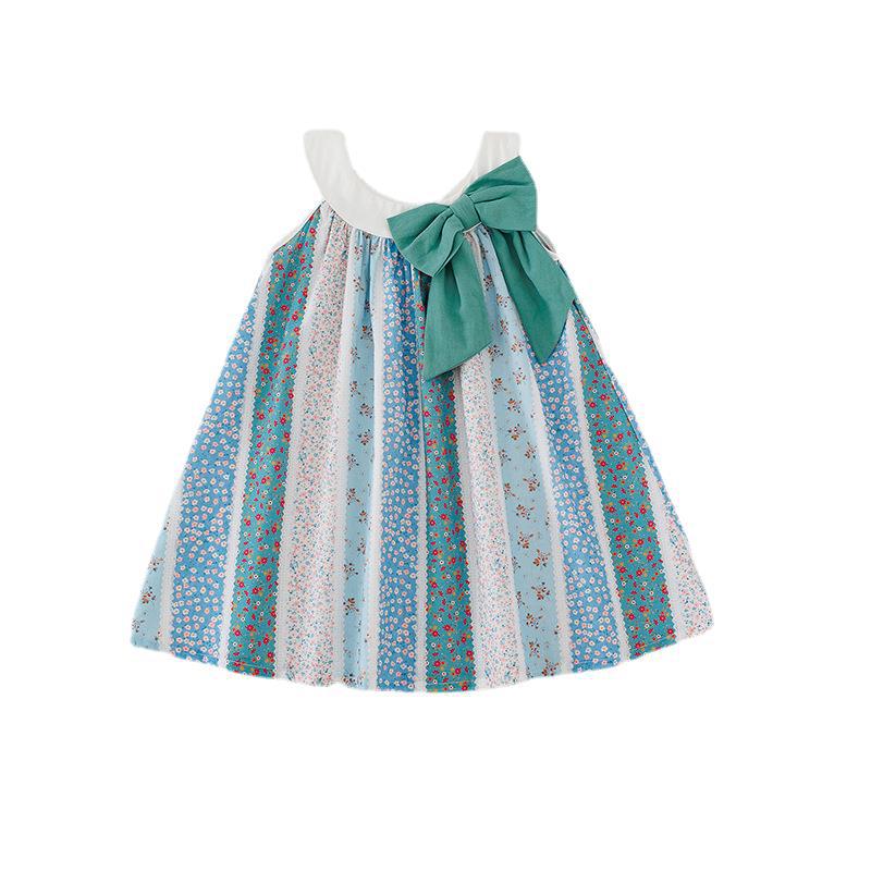 Baby Girl Floral Pattern Bow Tie Patched Design Sling Dress
