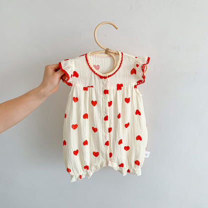 Best Selling Summer Baby Kids Girls Red Heart Pattern Fly Sleeves Romper
