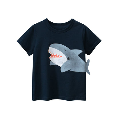 Boys’ Cartoon Baby Shark Pattern T-Shirt In European And American Style, MyKids-USA®, Baby & Toddler Tops, MyKids-USA - Size/Age - 90 (12-24M) - Color - Navy Blue (Dark Blue) -  -  - TR2407190934-A