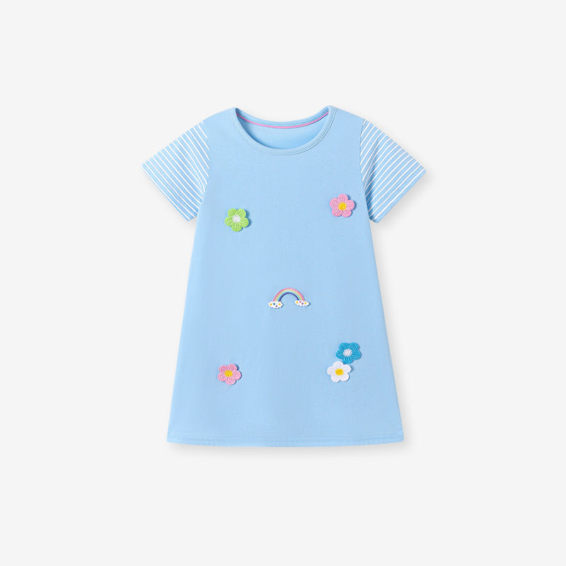 Summer Arrival Flowers and Striped Pattern Short Sleeves Dress for Stylish Girls