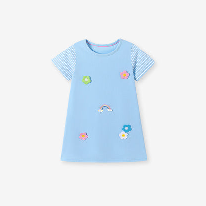 Summer Arrival Flowers and Striped Pattern Short Sleeves Dress for Stylish Girls