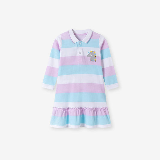 Autumn and Spring Arrival Unicorn Cartoon and Striped Pattern Long Sleeves Dress with Turn-down Collar for Stylish Girls, MyKids-USA®, Baby & Toddler Dresses, MyKids-USA - Size/Age - 90 (12-24M) - Color - Colorful -  -  - TR2507162207-A