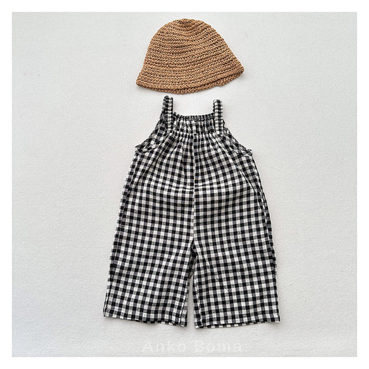 New Arrival Summer Baby Kids Girls Black Plaid Cotton Overalls