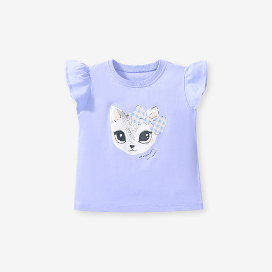Girls’ Cute Cat Print Fly Sleeves T-Shirt In European And American Style For Summer
