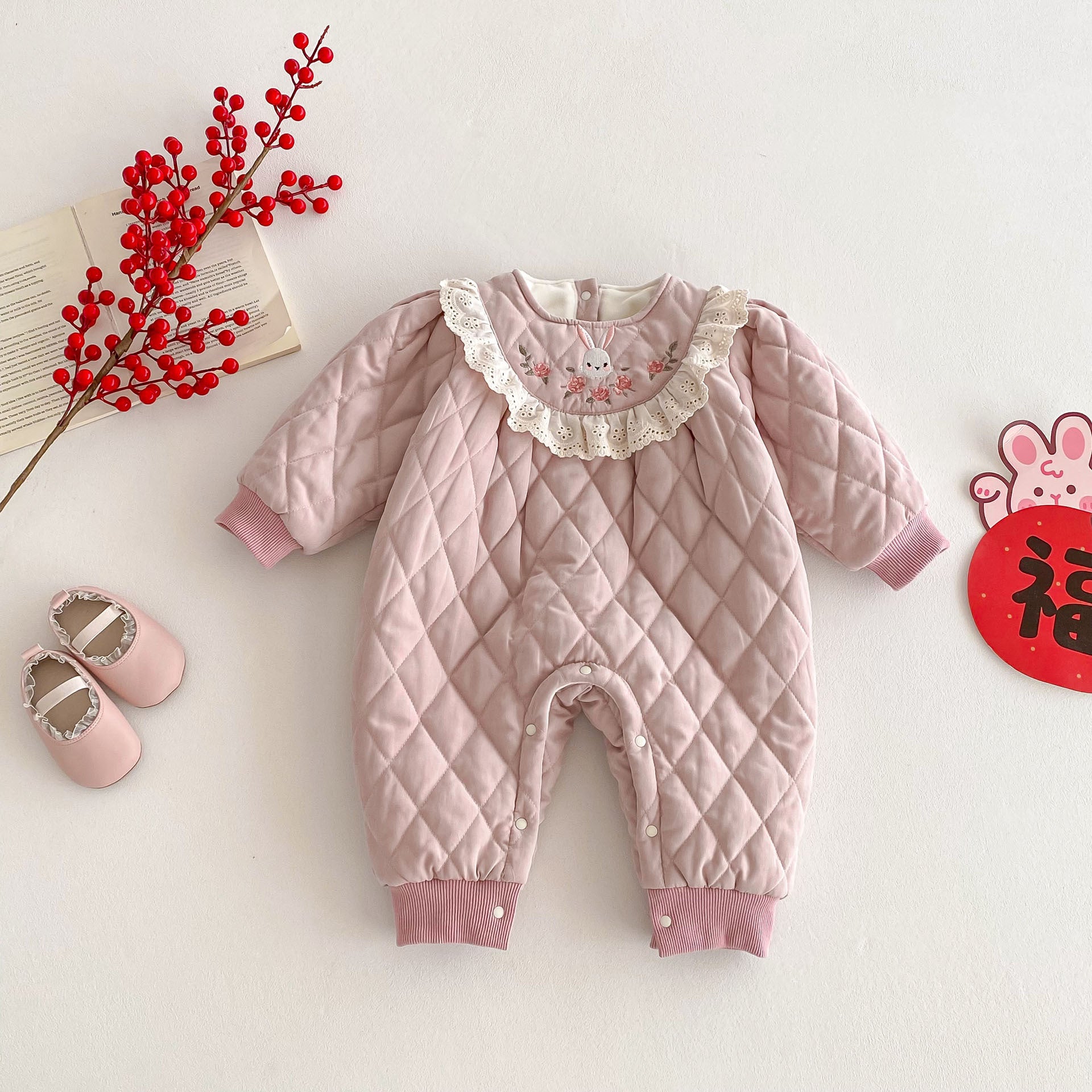 Winter Arrival Baby Girls Simple Rabbit Embroidered Pattern Warm Padded Thick Romper, MyKids-USA®, Baby One-Pieces, MyKids-USA -  -  -  -  -  -  - 