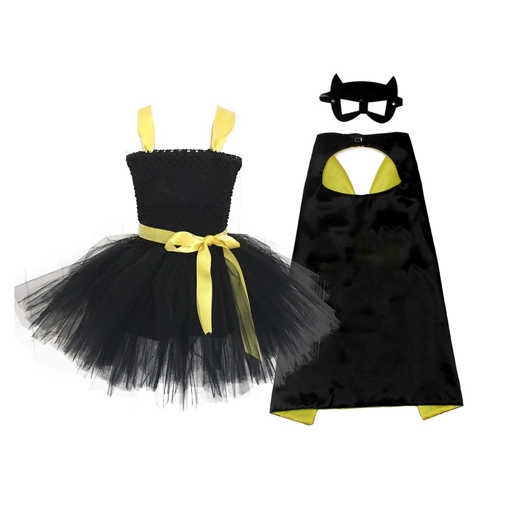 Halloween Superhero Costume Dress with Cape and Mask, MyKids-USA®, Costume Dresses, MyKids-USA - Size/Age - S (1-3Y) - Color - Black -  -  - TR2508202219-A.