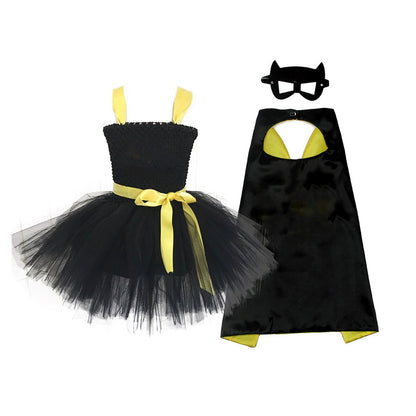 Halloween Superhero Costume Dress with Cape and Mask, MyKids-USA®, Costume Dresses, MyKids-USA - Size/Age - S (1-3Y) - Color - Black -  -  - TR2508202219-A.