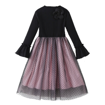 Autumn Arrival Long Sleeves Color Patchwork Dots Pattern Tulle Dress for Stylish Girls