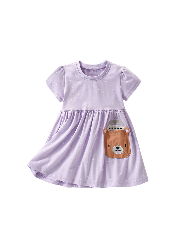 Summer Arrival Cartoon Teddy Bear and Dots Pattern Short Sleeves Dress for Stylish Girls, MyKids-USA®, Baby & Toddler Dresses, MyKids-USA -  -  -  -  -  -  - 