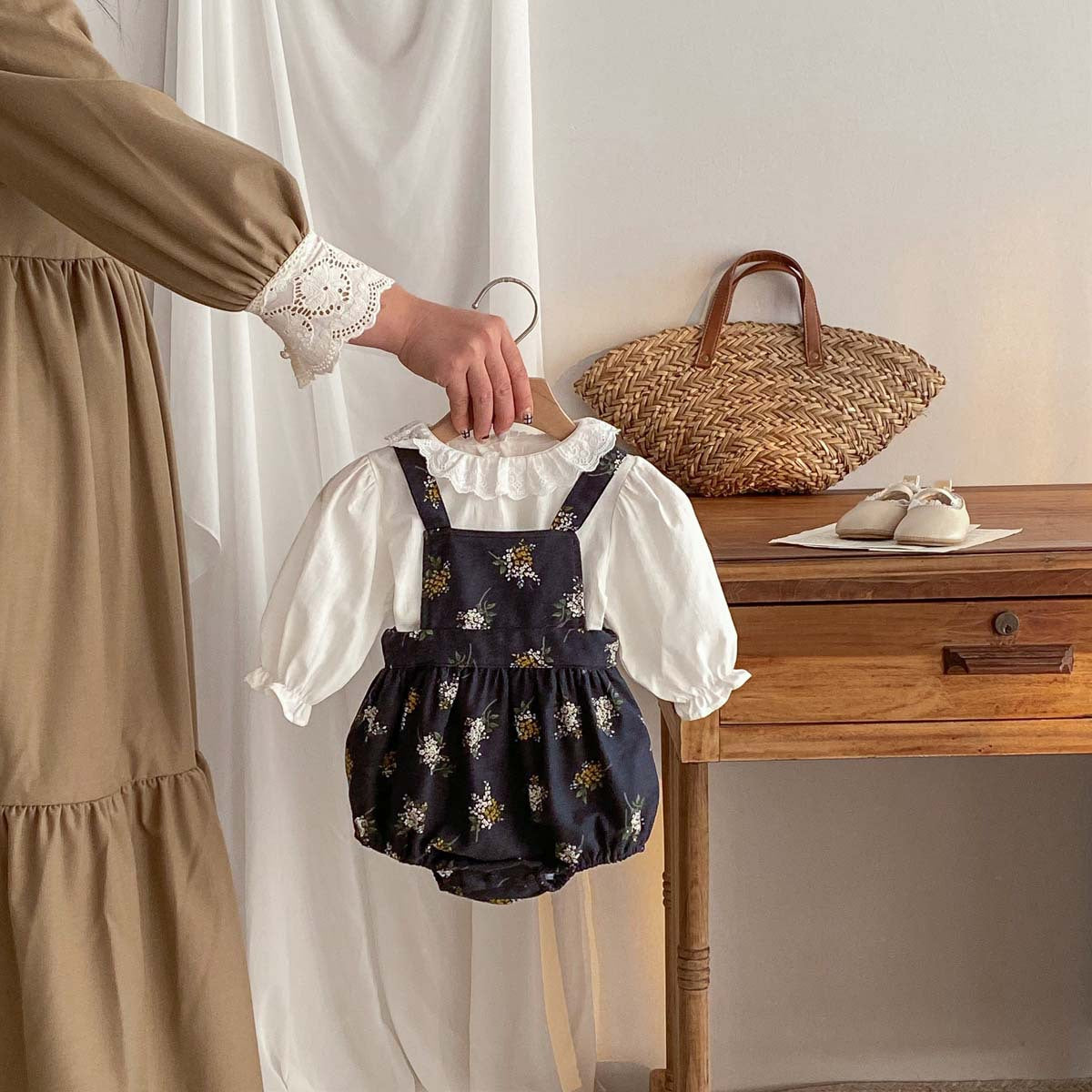 Baby Girls Floral Overalls Onesie And Solid Color Long Sleeves Top Set, MyKids-USA®, Baby One-Pieces, MyKids-USA -  -  -  -  -  -  - 