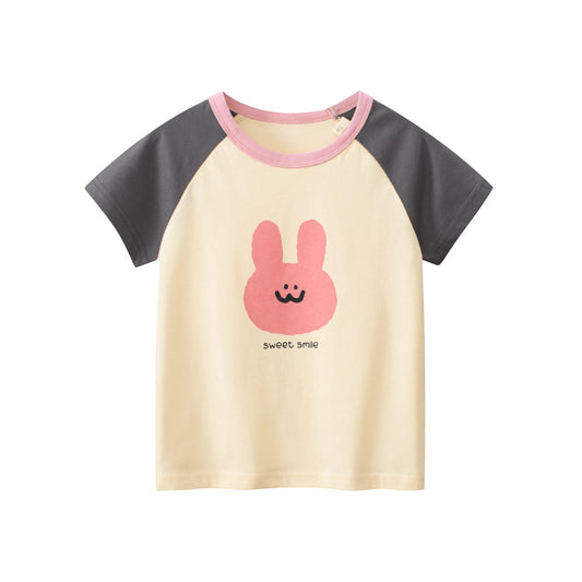 Rabbit Sweet Smile Print Girls’ Patchwork T-Shirt In European And American Style For Summer
