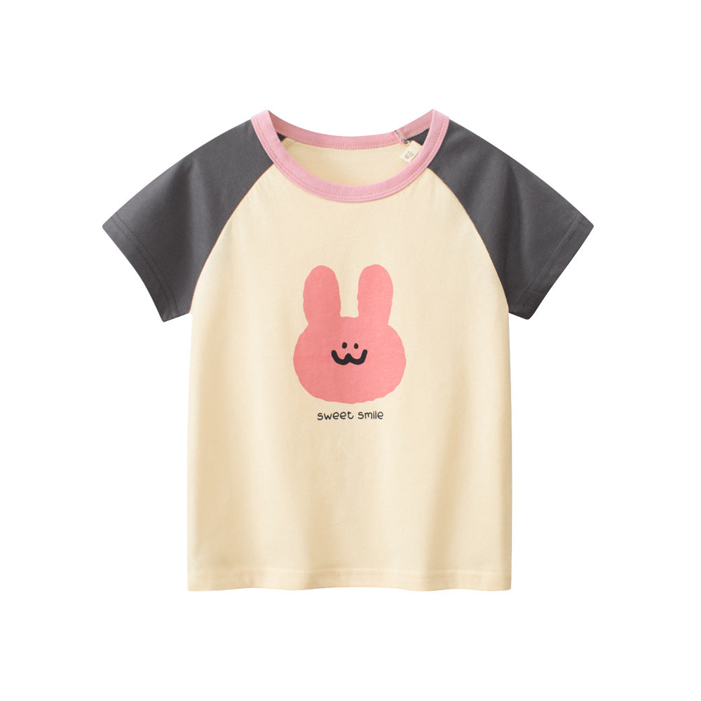 Rabbit Sweet Smile Print Girls’ Patchwork T-Shirt In European And American Style For Summer, MyKids-USA®, Baby Activity Tops, MyKids-USA - Size/Age - 90 (12-24M) - Color - Beige -  -  - TR2401151556-A