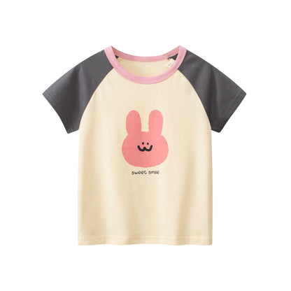 Rabbit Sweet Smile Print Girls’ Patchwork T-Shirt In European And American Style For Summer, MyKids-USA®, Baby Activity Tops, MyKids-USA - Size/Age - 90 (12-24M) - Color - Beige -  -  - TR2401151556-A