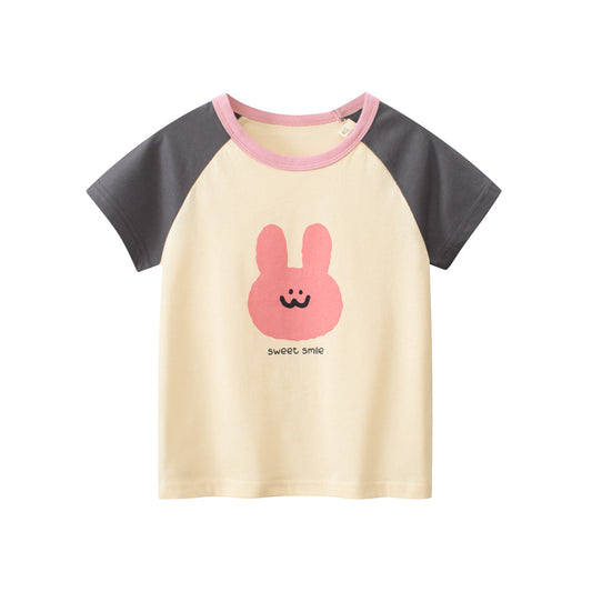 Rabbit Sweet Smile Print Girls’ Patchwork T-Shirt In European And American Style For Summer, MyKids-USA®, Baby Activity Tops, MyKids-USA - Size/Age - 90 (12-24M) - Color - Beige -  -  - TR2401151556-A